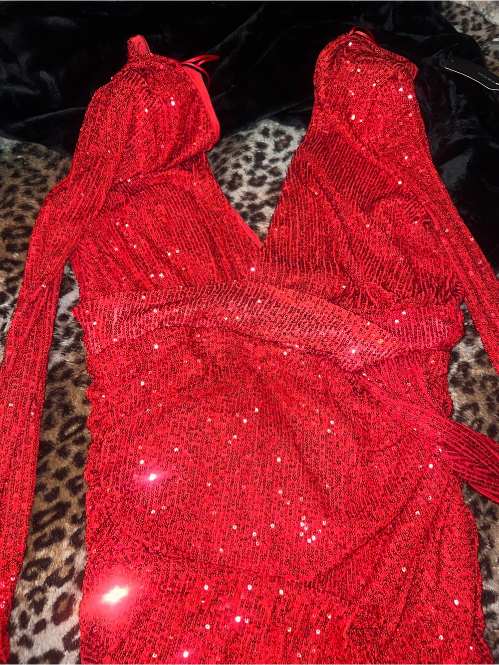 Fashion Nova Red Sequined Long Sleeve Dress